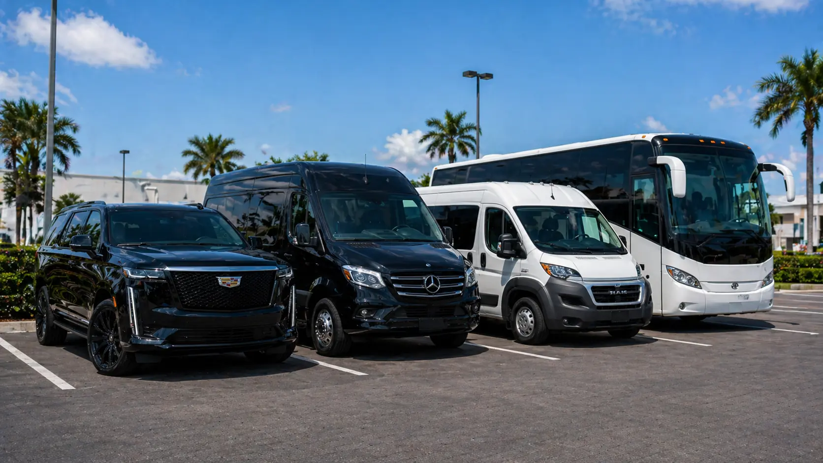 private-group-transportation-miami Fleet of group vehicles in Miami: black SUV, Mercedes Sprinter van and touring coach parked together
