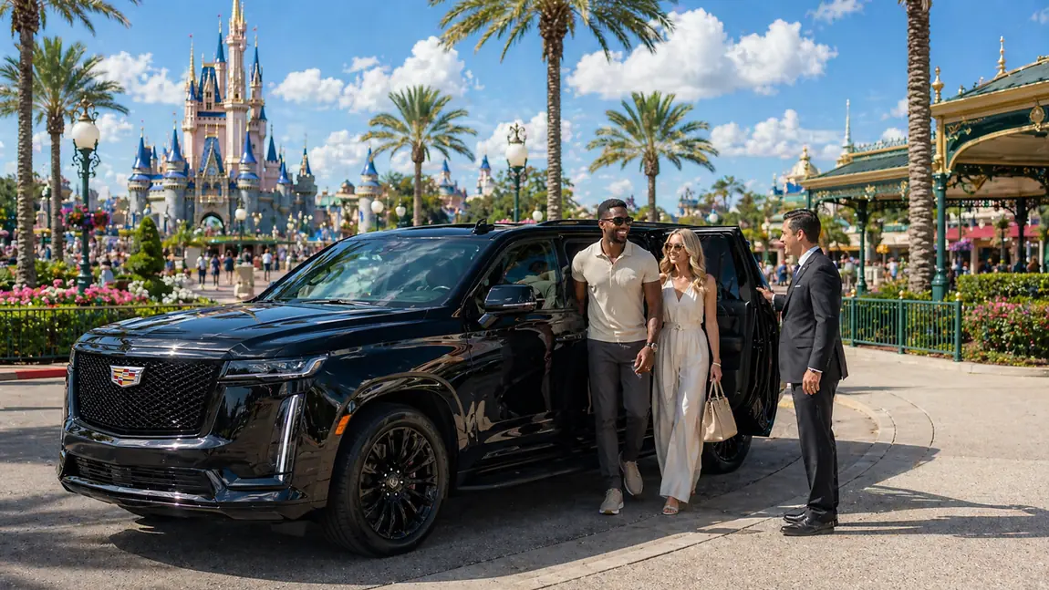 transporte-para-orlando Couple with a driver and a black Cadillac Escalade in front of the Disney Magic Kingdom castle, private transfer from Miami to Orlando