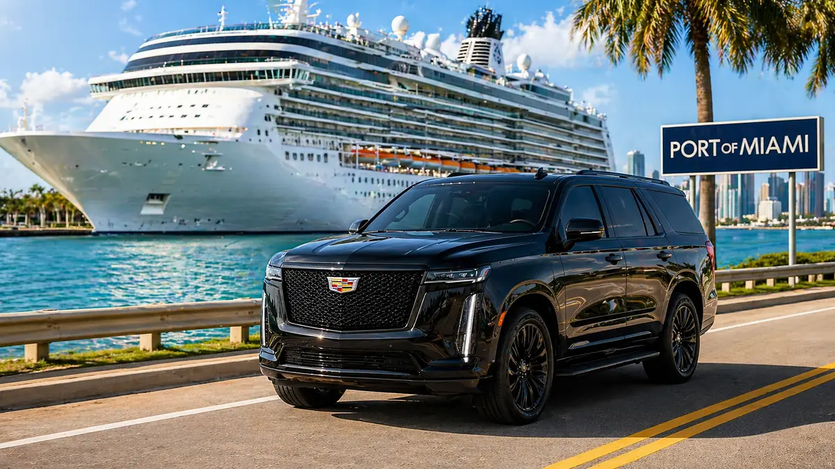 private-transfer-to-from-portmiami Black Cadillac Escalade at PortMiami with a cruise ship in the background, private transfer service to the cruise port