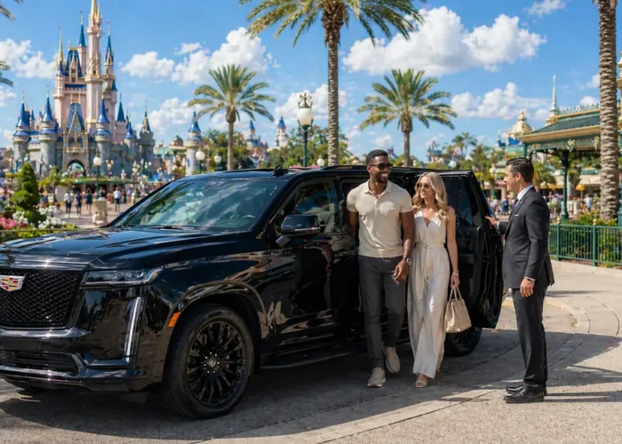Casal com motorista e Cadillac Escalade preto em frente ao castelo do Disney Magic Kingdom, traslado Miami a Orlando