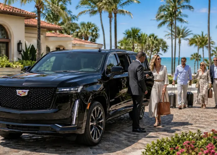 Grupo elegante chegando a uma mansion com Cadillac Escalade preto e motorista, transporte privativo entre Miami e Naples